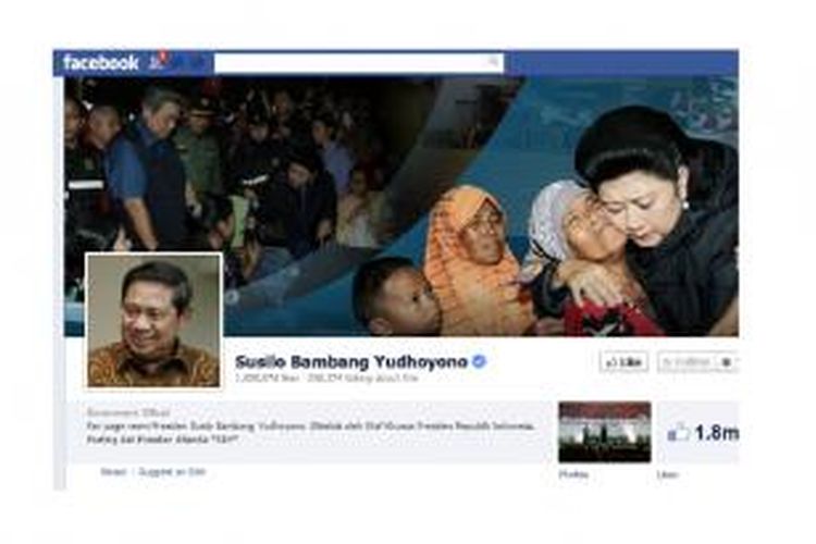Halaman muka laman Facebook akun resmi Presiden Susilo Bambang Yudhoyono. Screen shot diambil pada per 12 Februari 2014.