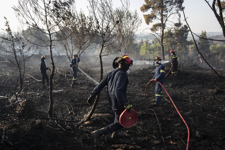 Tim pemadam kebakaran menyemprotkan air ke arah hutan yang terbakar di Dionysos, pinggiran utara Athena, Yunani, pada Selasa, 27 Juli 2021. Pemerintah Yunani mengevakuasi ribuan warganya di tengah kebakaran hutan yang makin meluas.