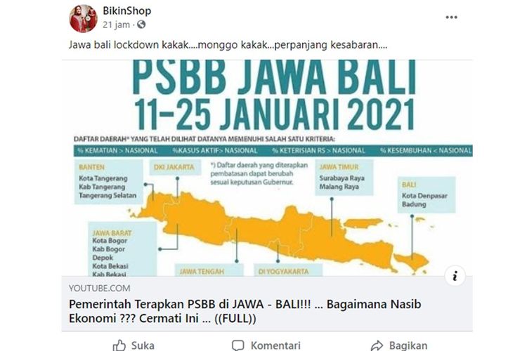 Tangkapan layar unggahan dengan narasi Pulau Jawa dan Bali lockdown pada 11-25 Januari 2021.