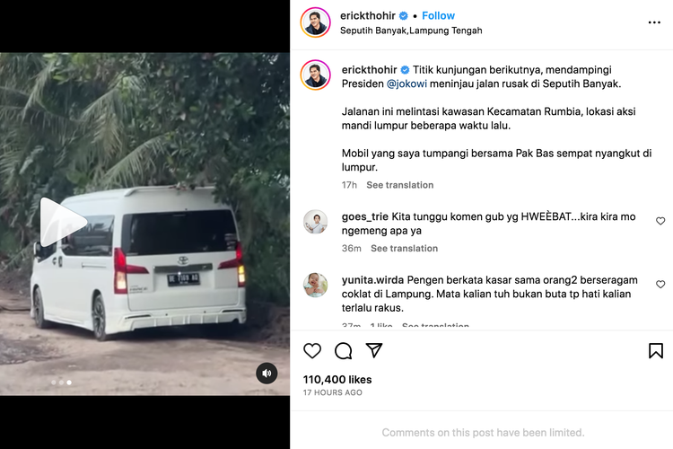 Mobil yang ditumpangi oleh Erick Thohir bersmaa Menteri PUPR Basuki Hadimuljono nyangkut di jalan berlumpur saat berada di Seputih Banyak, Lampung Tengah, Lampung.
