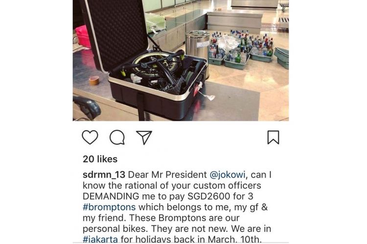 Sudirman diminta membayar saat membawa 3 sepeda Brompton ke Indonesia