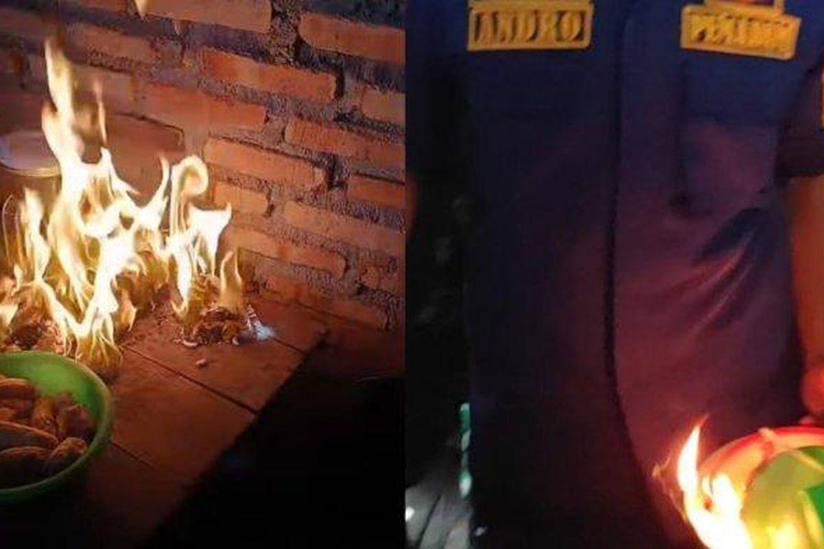 Kolase foto kemunculan api misterius di rumah seorang warga Dusun II, Desa Baung Sibatu-batu, Kecamatan Sei Dadap, Kabupaten Asahan, Sumatera Utara. Tim Inafis kepolisian dan BPBD Asahan diterjunkan pada Kamis (31/10/2024) untuk menyelidiki peristiwa ini. 
