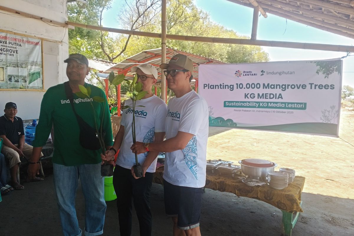 Perwakilan kelompok tani setempat, Junaidi (kanan), CEO KG Media (tengah), Andy Budiman, dan VP Sustainability KG Media, Wisnu Nugroho, dalam pembukaan kegiatan penanaman 10.000 bibit mangrove di kawasan pesisir Pabean Ilir, Kabupaten Indramayu pada Kamis (16/10/2025).