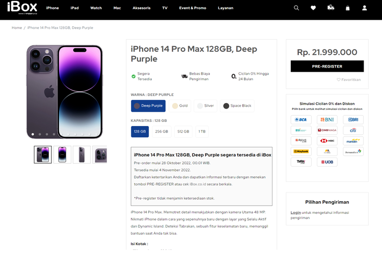 Harga iPhone 14 Pro Max di Indonesia mulai Rp 21,9 juta untuk varian 128 GB.