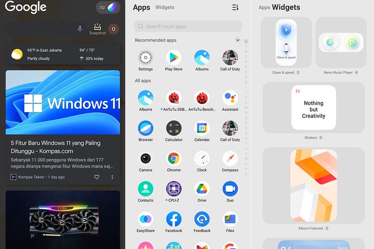 Secara default, sisi kiri home screen di Funtouch OS 12 Vivo X70 Pro yang berbasis Android 11 memuat Google Feed (kiri), sementara semua aplikasi dimuat dalam app draver (tengah) bersama dengan widget. Jika diinginkan, pengguna bisa menon-aktifkan drawer agar semua ikon ditempatkan di home screen. 
