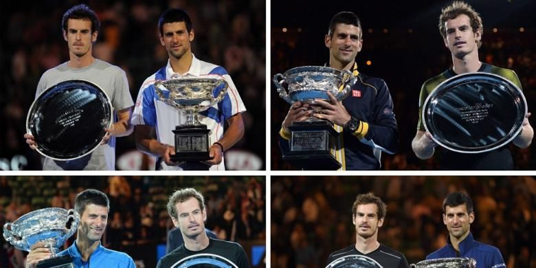 Foto Novak Djokovic (Serbia) setelah mengalahkan Andy Murray (Inggris Raya) dalam empat kali laga final Australia Terbuka di Melbourne Park, pada 2011, 2013, 2015, dan 2016.