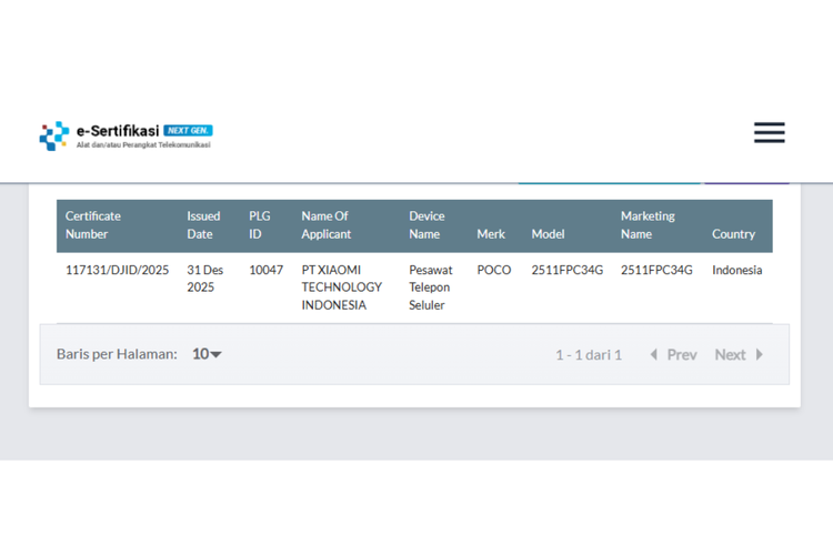 Poco X8 Pro dengan nomor perangkat 2511FPC34G terpantau telah lolos uji sertifikasi Postel Komdigi dengan nomor sertifikasi 117131/DJID/2025. 
