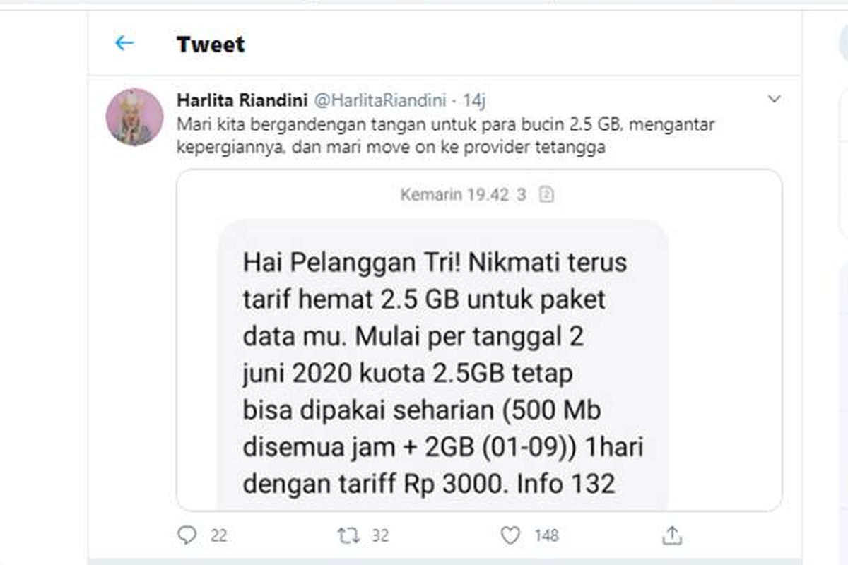 Komentar salah satu warganet tentang paket 2,5GB Tri
