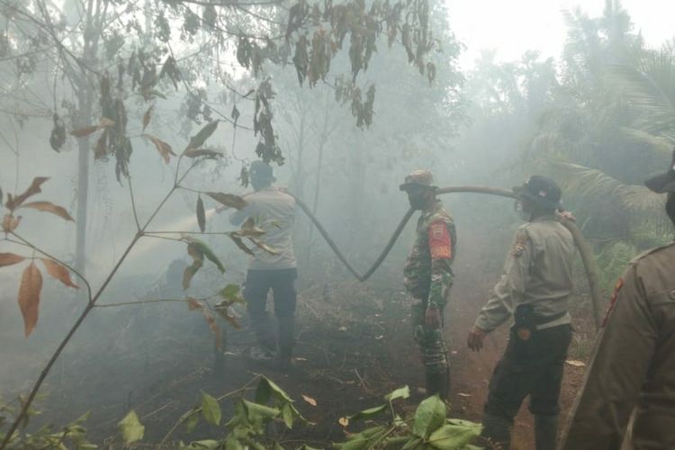 Petugas kepolisian dan TNI dikerumuni asap saat pemadaman karhutla di Kecamatan Teluk Meranti, Kabupaten Pelalawan, Riau, Kamis (4/3/2021).