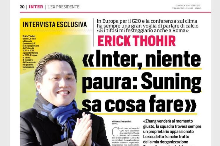 Nama dan kisah Erick Thohir bersama Inter Milan termuat dalam suar kabar Italia, Corriere dello Sport.