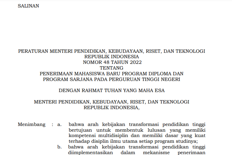 Tangkapan layar halaman depan Permendikbudristek Nomor 48 Tahun 2022.