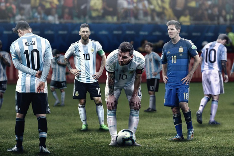 Ilustrasi kegagalan Lionel Messi bersama timnas Argentina di sembilan turnamen besar.