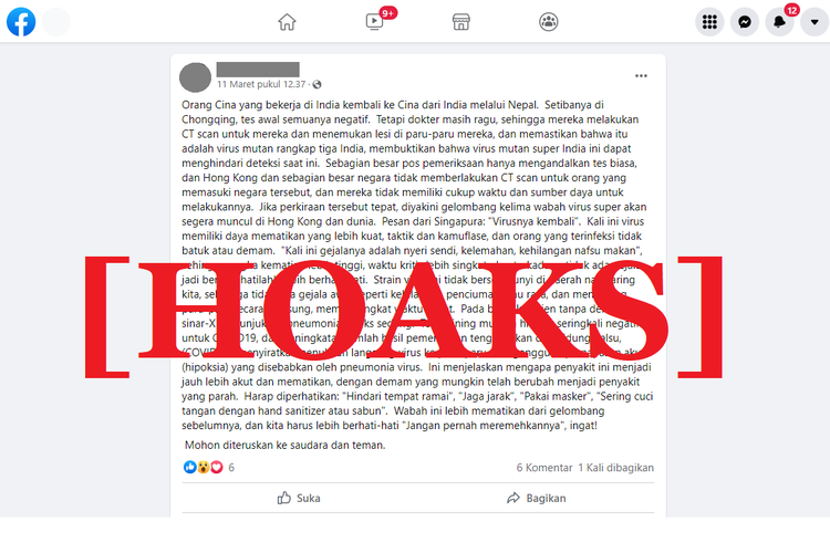 Tangkapan layar unggahan hoaks di sebuah akun Facebook, pada 11 Maret 2022, mengenai mengenai tiga warga China yang terpapar varian baru Covid-19 dari India dan tidak terdeteksi dengan alat tes.