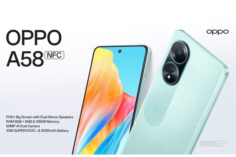 Oppo A58 resmi dijual di Indonesia. Harga Oppo A58 di Indonesia adalah Rp 2,5 juta untuk RAM 6 GB dan storage 128 GB.