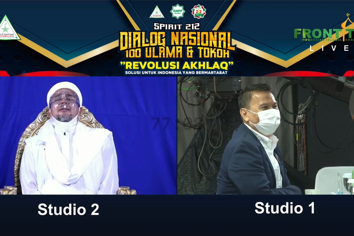 Pimpinan Front Pembela Islam Rizieq Shihab menghadiri Reuni 212 yang digelar secara daring, Rabu (2/11/2020). 