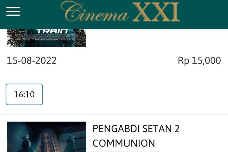 Tangkapan layar harga tiket bioskop XXI sehesar Rp 15.000 di aplikasi Cinema XXI.