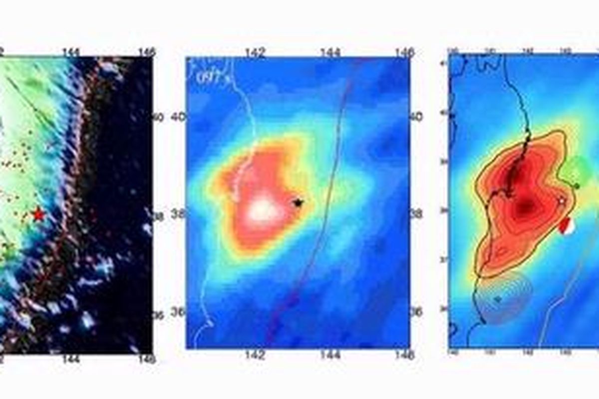 Hasil analisis gempa di Jepang yang dilakukan Miaki Ishii dari Harvard Seismology menunjukkan luas patahan yang runtuh pada Jumat (11/3/2011).