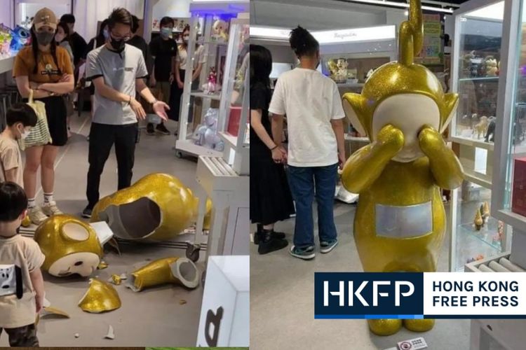 Tangkapan layar foto patung Teletubbies pecah berkeping-keping di toko mainan desainer KKPlus.