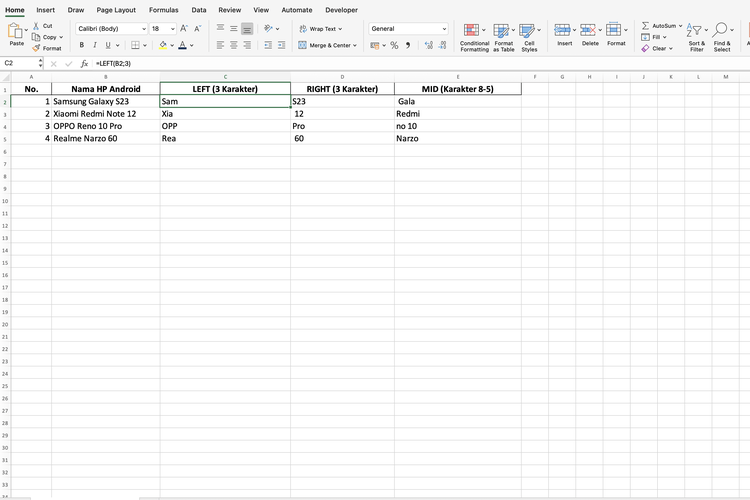 Ilustrasi rumus LEFT di Excel