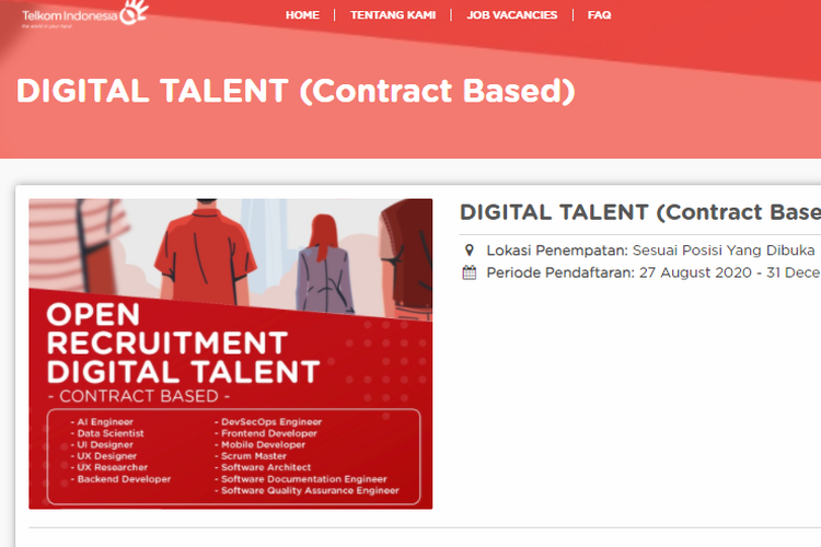 Tangkapan layar halaman depan lowongan kerja di PT Telkom Indonesia.