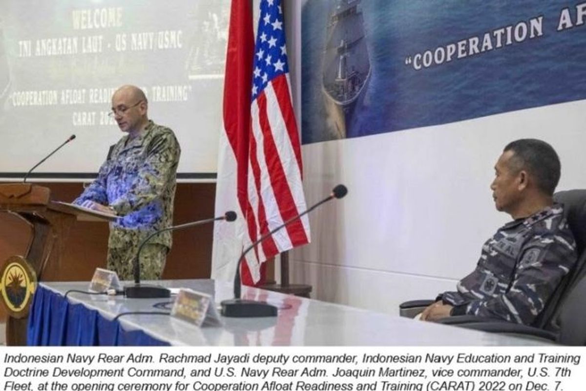 Indonesian Navy Education and Training Doctrine Development Command Navy Rear Adm. Rachmad Jayadi, deputy commander and US 7th Fleet vice commander US Navy Rear Adm. Joaquin Martinez during the opening ceremony for Cooperation Afloat Readiness and Training (CARAT) 2022 on Wednesday,  December 7, 2022. 