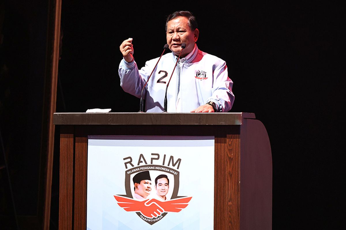 Prabowo Subianto dalam acara deklarasi dukungan relawan Pedagang Indonesia Maju di Jakarta pada Jumat (8/12/2023).