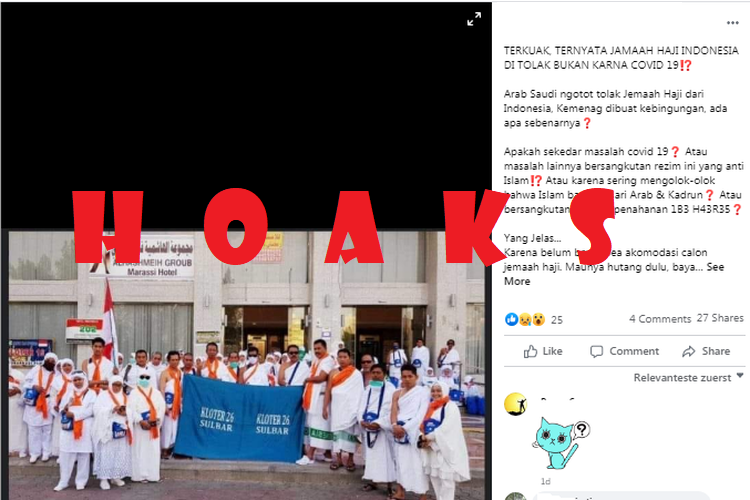 Informasi yang disebarkan di media sosial Facebook menyebutkan bahwa jemaah haji Indonesia ditolak oleh Arab Saudi karena belum membayar bea akomodasi. Informasi ini dipastikan hoaks.