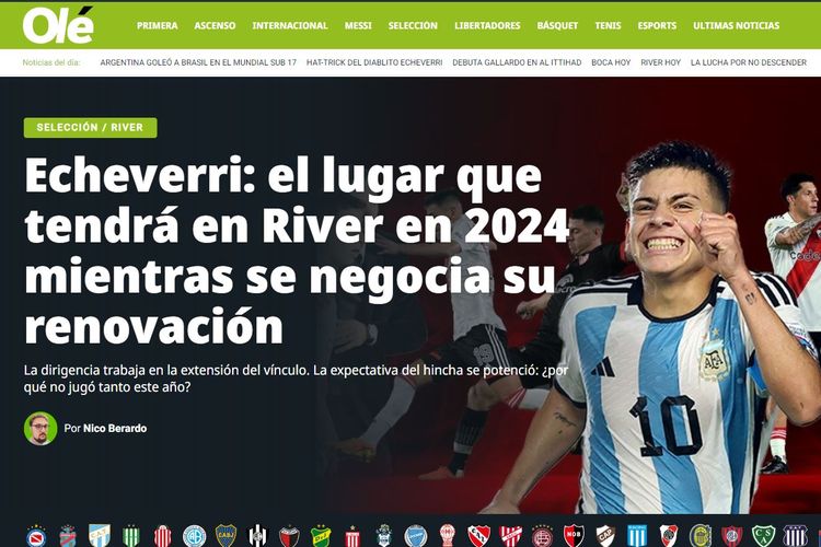 Tangkapan layar halaman depan situs Ole yang menunjukkan artikel mengenai Claudio Echeverri usai ia menjadi pahlawan saat Timnas U17 Argentina menang 3-0 atas Timnas U17 Brasil pada perempat final Piala Dunia U17 2023 di Jakarta International Stadium, Jakarta, Jumat (24/11/2023).