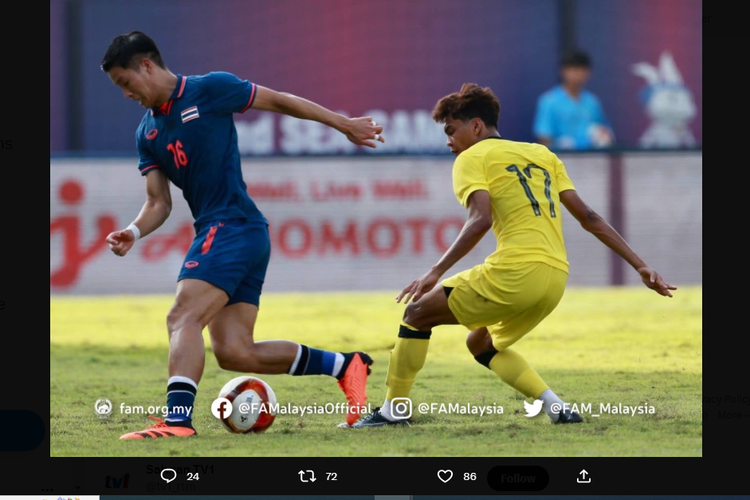 Tangkapan layar Twitter @FAM_Malaysia yang memuat momen laga Thailand vs Malaysia dalam lanjutan fase grup sepak bola SEA Games 2023 di Prince Stadium, Phnom Penh, Kamboja, Sabtu (6/5/2023) sore WIB.