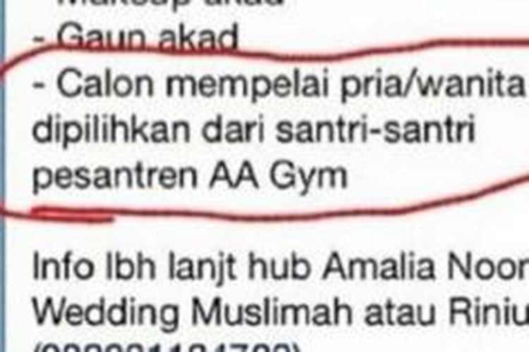Iklan yang beredar di jejaring sosial tentang paket nikah yang membawa nama Pondok Pesantren Darut Tauhid pimpinan Yan Gymnastiar atau lebih dikenal sebagai Abdullah Gymnastiar atau Aa Gym.