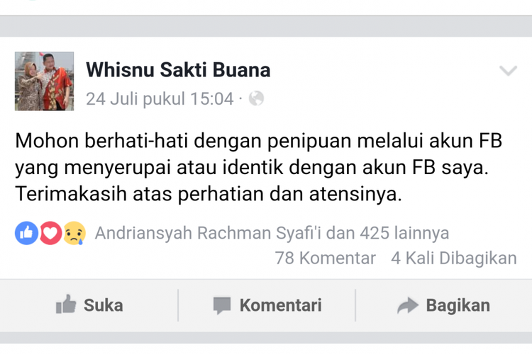 Status akun facebook wakil wali kota Surabaya setelah dipalsukan