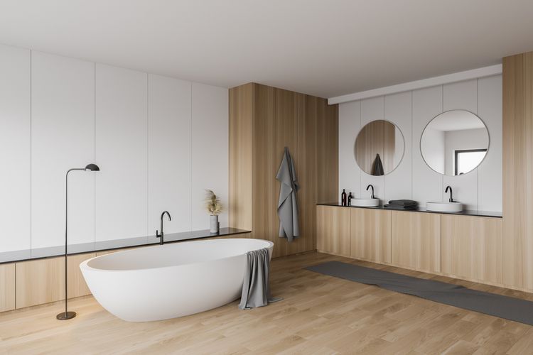Ilustrasi kamar mandi, Ilustrasi lantai kayu di kamar mandi. 