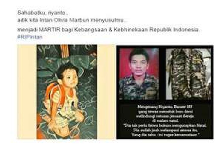 Salah satu kiriman gambar dengan tagar #RIPIntan dari akun Twitter ANSOR Cyber Media ?@ansor_jatim yang mengekspresikan duka mendalam atas meninggalnya Intan Marbun (3), balita korban ledakan bom molotov di Sengkotek, Samarinda, Kalimantan Timur. 
