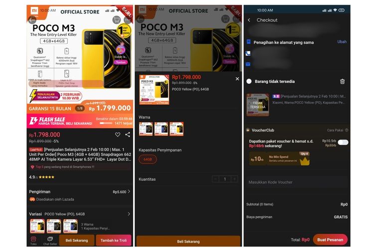 Pembelian Poco M3 di flash sale ketiga di Lazada.