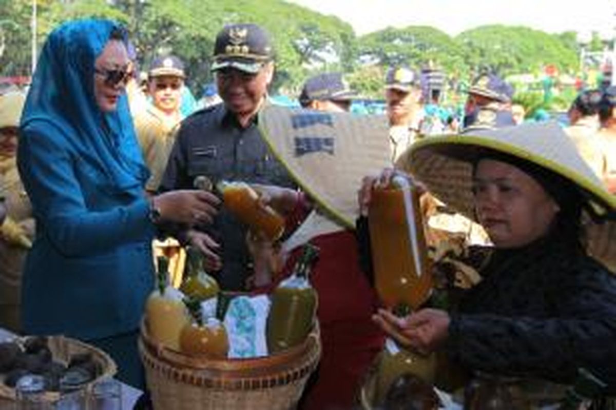 Ketua TP PKK Kota Malang, Umi Farida (kiri) dan Wali Kota Malang, M Anton mencoba racikan jamu gendong saat peluncuran gerakan minum jamu dan menanam tanaman herbal di Balai Kota Malang, Senin (26/1/2015). Dalam kegiatan ini sebanyak 22 pedagang jamu gendong diundang untuk mempromosikan produknya.