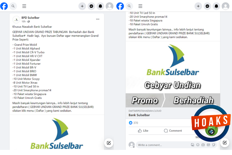 Tangkapan layar konten hoaks di sebuah akun Facebook, Selasa (5/4/2024), soal tawaran gebyar undian berhadiah mengatasnamakan Bank Sulselbar.