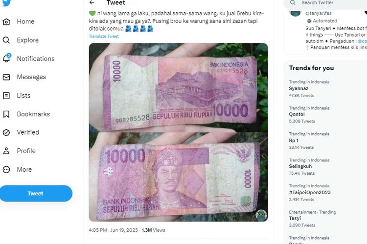 Tangkapan layar unggahan uang Rp 10.000 lama yang disebutkan sudah tidak laku lagi.