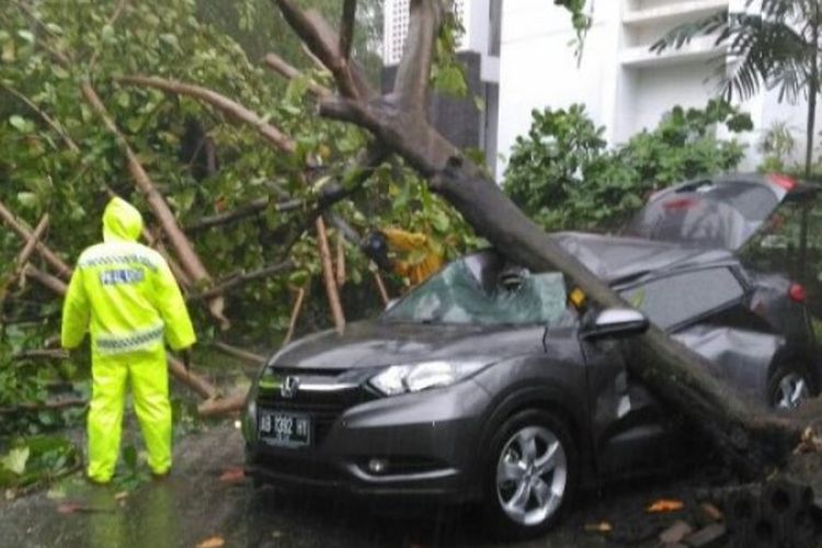 Sebuah mobil Honda HRV tertimpa pohon tumbang di area kampus UGM setelah hujan deras disertai angin melanda Yogyakarta, Selasa (21/3/2017). 