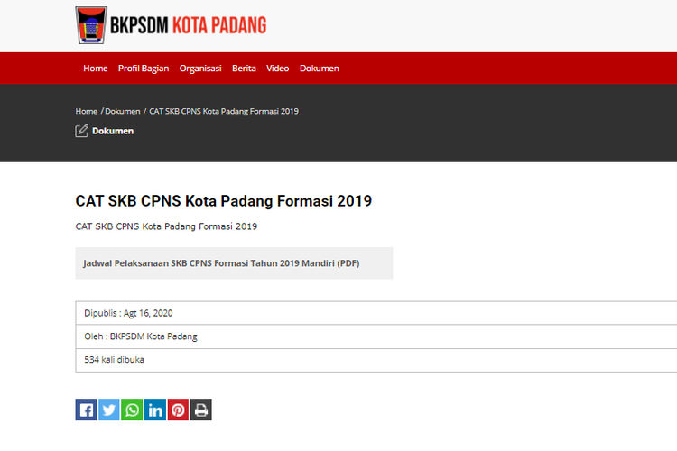 Tangkapan layar jadwal pelaksanaan SKB CPNS 2019 Pemkot Padang.