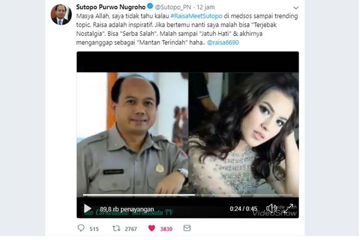 Video berisi foto kolase Sutopo dan Raisa