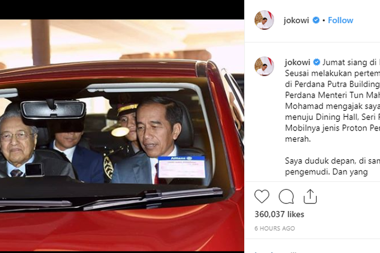 Presiden Joko Widodo menumpang mobil Proton yang dikemudikan Perdana Menteri Malaysia Mahathir Mohamad di Malaysia, Jumat (9/8/2019). 