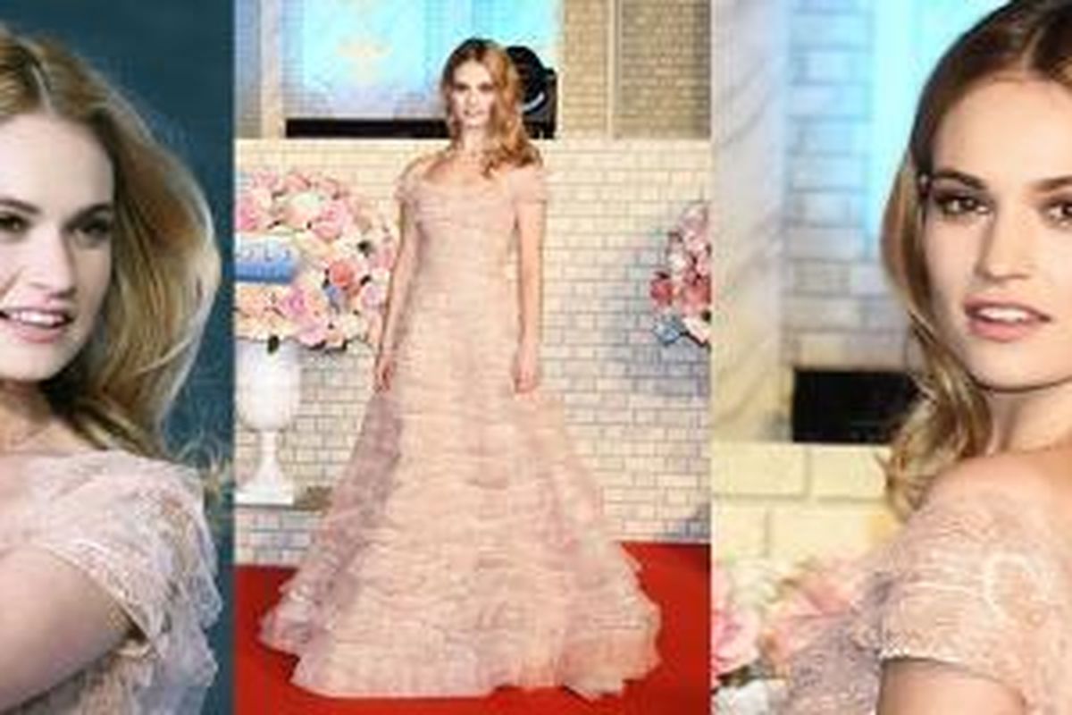 Lily James saat acara pemutaran perdana film Cinderella yang berlangsung di Tokyo mengenakan gaun rancangan Elie Saab.