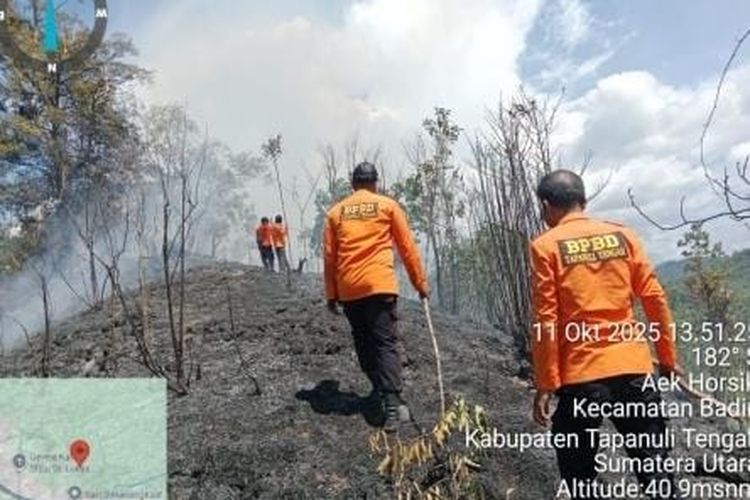  Penampakan lokasi lahan hutan terbakar di Desa Aek Horsik, Kecamatan Badiri, Kabupaten Tapanuli Tengah (Tapteng), Sumatera Utara, Sabtu (11/10/2025)