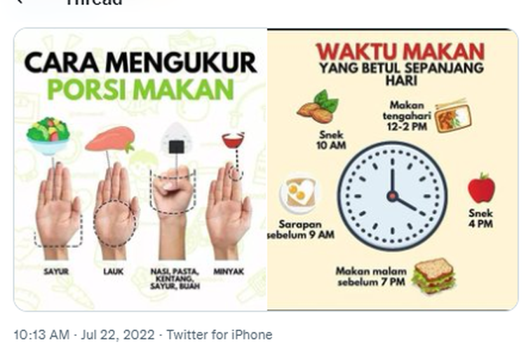 Tangkapan layar unggahan cara mengukur porsi makan dan waktu akan yang benar