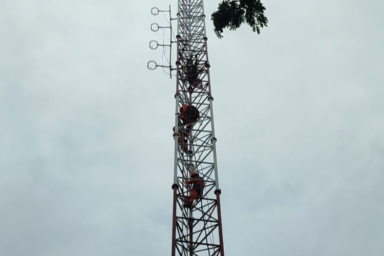 Foto: Tim SAR gabungan melakukan evakuasi terhadap Agustinus Woro dari puncak tower pemancar radio setinggi 43 meter di Jalan Don Tomas, Kelurahan Kota Baru, Kecamatan Alok Timur, Kabupaten Sikka, NTT, Kamis (10/11/2022).