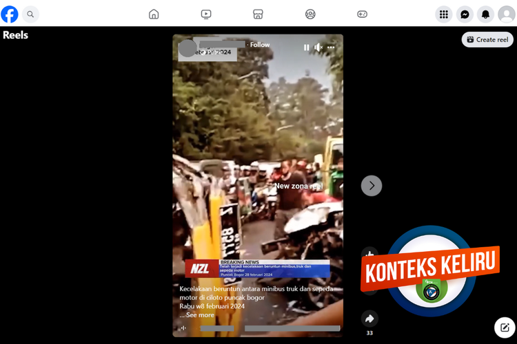 Tangkapan layar konten hoaks di sebuah akun Facebook, soal video kecelakaan yang terjadi di Jalan Raya Puncak, Ciloto, Cianjur, Jawa Barat pada Rabu (28/2/2024).