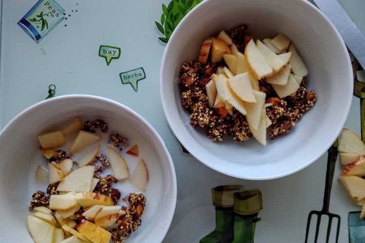 Ilustrasi granola bowl dengan potongan apel dan susu. 