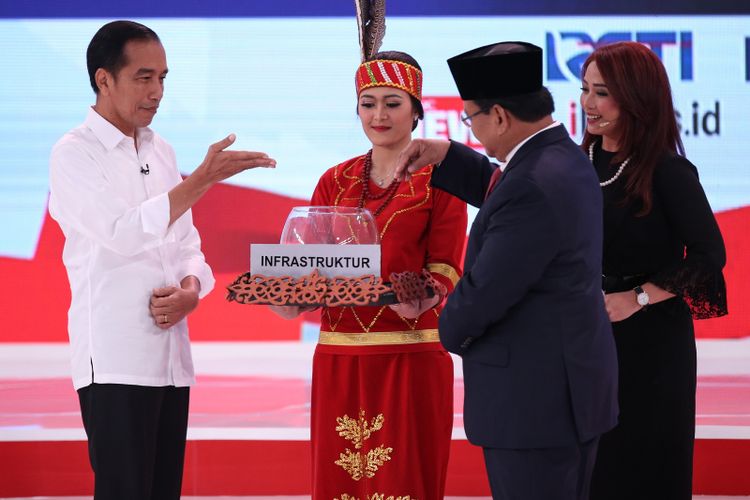 Calon Presiden Nomor Urut 1, Joko Widodo dan No JUrut 2, Prabowo Subianto mengambil undian pertanyaan saat Debat Kedua Calon Presiden di Hotel Sultan, Jakarta, Minggu (17/2/2019).