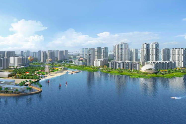 Gambar impresi blok-blok hunian di tepi pantai yang berada di area Galangan Kapal Sembawang yang akan direvitalisasi.