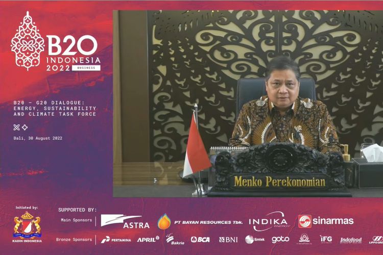 Menko Airlangga saat menghadiri kegiatan B20-G20 Dialogue: Energy, Sustainability, and Climate Task Force, Selasa (30/8/2022).